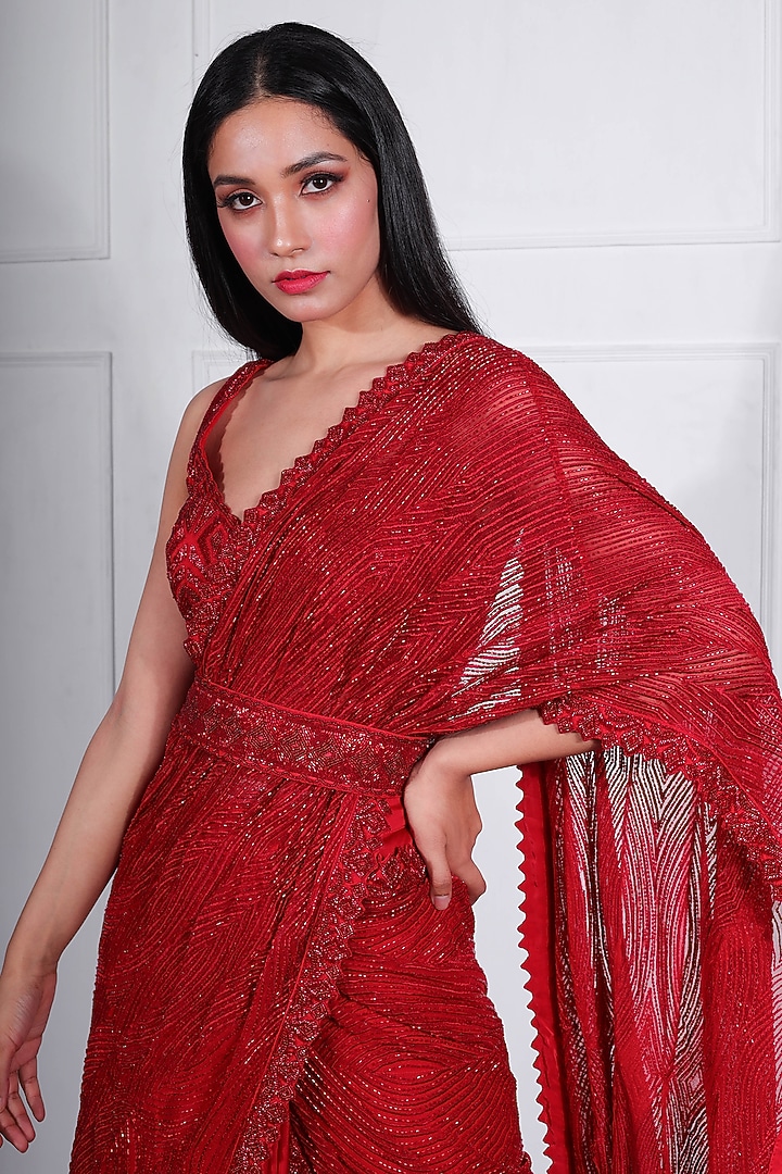 Red Crepe Silk & Net Hand Embroidered Reception Lehenga Saree Set by Ritika Mirchandani at Pernia's Pop Up Shop